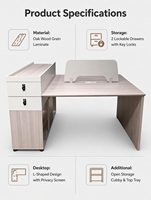Poste de travail de bureau modulaire contemporain pour 2 personnes avec écran de confidentialité, coins arrondis et tiroir de rangement superposé blanc