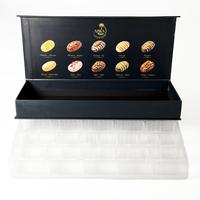 Boîte magnétique de luxe noire pour dattes au chocolat, emballage en papier, plateau blister, boîtes cadeaux rigides personnalisées avec séparateurs