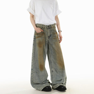 Jeans de mezclilla ODM OEM de verano, estilo americano <span class=keywords><strong>vintage</strong></span>, desgastados, lavados con efecto sucio, de pierna recta y holgados para hombre y mujer. - Product Image 4
