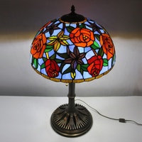 Lampe de table LongHuiJing 16 pouces, style verre teinté rose, bronze antique, 3 lumières, avec base en cuivre brun