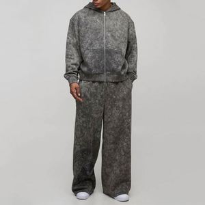 Acid Wash Distressed Printed <b>Full</b> <b>Zip</b> <b>Hoodie</b> Oversized Baggy Sweatpants Vintage Faded Custom Men Winter Two Piece Tracksuit - Product Image 1