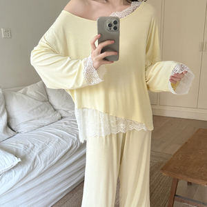 Conjuntos de ropa de dormir Conjunto de encaje Pijamas Mujer Casual Simple Sexy Estante de algodón Pijamas cómodos Ropa de casa - Product Image 6