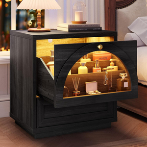 Table de chevet avec porte en verre cintrée, éclairage LED à commande tactile et station de charge, tiroirs à niveaux peu profonds et profonds, nouvelle table d'appoint - Product Image 4