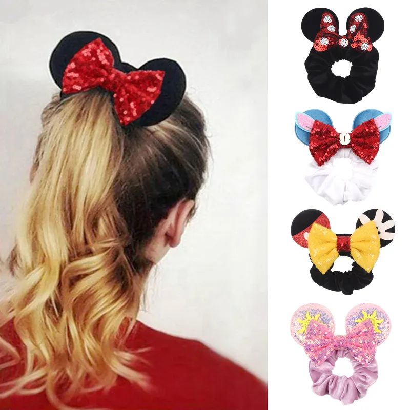 Hot Sale Mouse Ears Sequins Bow Women Scrunchies Fashion Hair Band Elastic Pony Tail Holder Festival Headband Girls Accessories