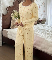 Pyjama décontracté en coton jaune beurre imprimé pour femme, ensemble deux pièces, vêtements de nuit personnalisables, ODM
