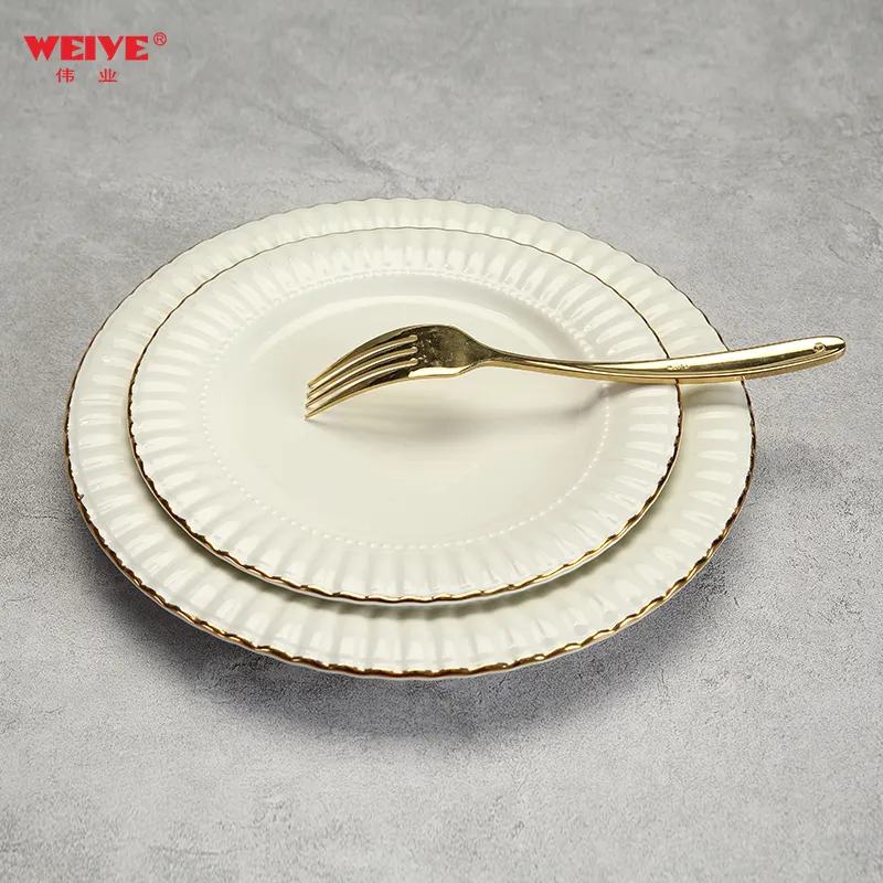 WEIYE porcelain gold rim line pattern round plate white dinner plate ceramic buffet plate wave edge flat plater for hotel