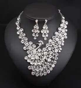 XL05 Set perhiasan wanita mewah Rhinestones merak pernikahan pengantin Kalung Anting Set perhiasan grosir