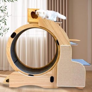 Rueda de ejercicio <span class=keywords><strong>para</strong></span> gatos de madera de 55 pulgadas, tabla de rascar, alfombrilla desmontable, marco de escalada, <span class=keywords><strong>nido</strong></span> 5 en 1, mascota de interior multifuncional - Product Image 1