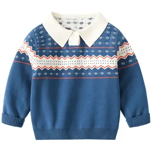 한국 어린이 의류 도매 물결 모양의 자카드 니트 짧은 탑 유행 폴로 옷깃 아기 풀오버 블루 두꺼운 소년 스웨터