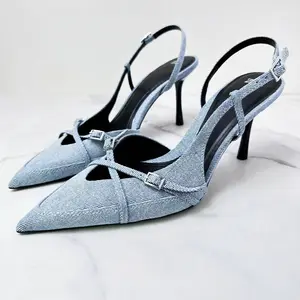 H158-753 ZA 2024 Spring Women's Jeans Heeled Sandals Pointed High Heel Office Lady shoes Beautiful Women Shoes