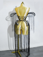 Ensemble de bikini à franges longues en strass noir et argent Cabaret Noir, style cage structurée, pour spectacle de scène Drag Queen Showgirl