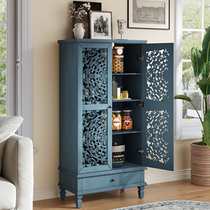 Rustic 55'' Tall <b>Storage</b> Cabinet With <b>Drawer</b> Decorative 2-Door Carved Wood Accent Cabinet Solid Wood Legs Living Room - Product Image 2