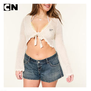 Fabricant de pulls certifié GRS, logo personnalisé, pull en coton et polyester pour femmes, manches longues, crochet, cardigan à nouer devant - Product Image 2