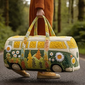 Sac de voyage matelassé créatif personnalisé, motif bus rétro, fleurs 3D, sac de week-end, sac de sport grande capacité pour femme, <span class=keywords><strong>bagage</strong></span> d'extérieur - Product Image 1