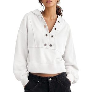Sweat-shirt à capuche court pour femme, col en V, coupe oversize, manches longues, style automne, blanc - Product Image 1