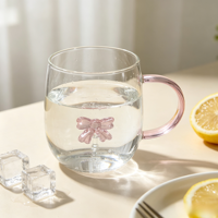 Mug en verre borosilicate fait main avec nœud rose 3D à l'intérieur, tasse à café ou à thé en verre transparent avec poignée rose, tasse à boire esthétique et mignonne