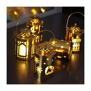 Ramadan Metal <b>Small</b> Lantern <b>Candle</b> Decoration Lights Holiday Christmas Decor Gold Iron Hollowed Lamp Lanterns with LED - Product Image 1