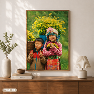 Peinture à l'huile ethnique du Nord-Ouest du Vietnam pour enfants, faite à la main sur toile, service OEM ODM, modèle TB169-B14 - Product Image 2