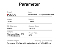 Yesido CA181 kabel Data lampu LED, kabel Data daya kepang 48 untai tipe-c ke pengisian cepat 1.2M PD 60W