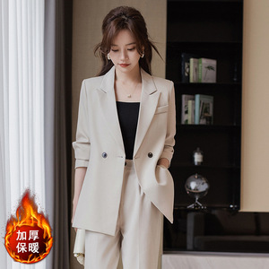 Women's Black Suit Set Solid Color Polyester <b>Winter</b> Warm Casual Workwear With Pocket - Product Image 5