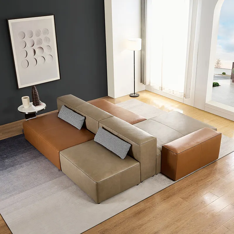 Moderne Luxe Vierkante Vorm Design Softseater Bank Woonkamer Set Volledig Echt Lederen Sectionele Bank