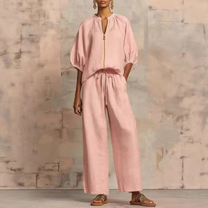 Ensemble décontracté pour femme, pantalon large à jambes larges, couleur unie, fermeture éclair, col rond, tailles M, XXL, S, XL, L - Product Image 2