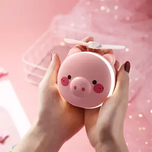 Mini Cute Pig Handheld Makeup Mirror Air Cooling portable USB Rechargeable Pocket Fan with Led light