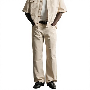 Jean en denim beige crème pour homme, coupe droite classique, pantalon décontracté en coton, mode minimaliste, vente en gros personnalisée - Product Image 1