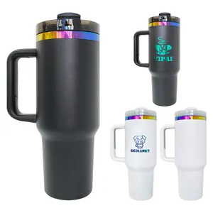 USA Warehouse Laser Engraving Stainless Steel Black White Holographic Rainbow Plated 40oz Tumbler With Lid And Straw