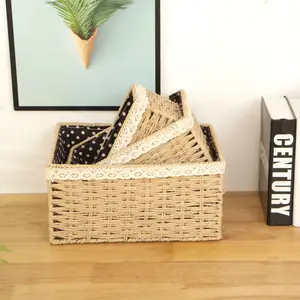 Cajas de papel de ratán para decoración del hogar, cesta de almacenamiento tejida, duradera, Natural, grande