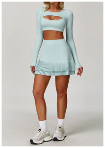 <span class=keywords><strong>2</strong></span> adet tenis Yoga etekler setleri kadınlar kısa kollu delik dışarı spor cep yüksek bel pilili etek spor Golf dans takım elbise - Product Image 2