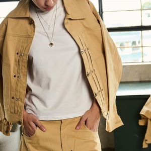 Custom Men Autumn Woven Grey Washed <b>Cropped</b> <b>Denim</b> Cargo <b>Jacket</b> Wide Leg Pants Set Vintage Loose Fit Streetwear Two-Piece Outfit - Product Image 3