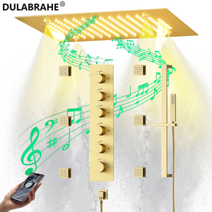 Brushed Gold <strong>20</strong> <strong>Inch</strong> LED Mist <strong>Rain</strong>&amp;Waterfall <strong>Shower</strong> <strong>Head</strong> with Music Speaker Wall Mounted Thermostatic <strong>Shower</strong> Faucet Set - Product Image 1
