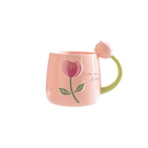 Mug à café en céramique coréen Ins, couleur contrastée, motif tulipe, poignée fleurie en relief 3D, tasse à lait pour le petit-déjeuner - Product Image 2