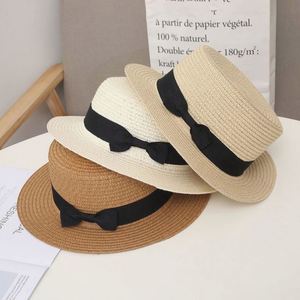 Wholesale Summer Children Beach <b>Hats</b> Sunshade Sun protection <b>Flat</b> Top Kids Straw <b>Hat</b> With Ribbon - Product Image 2