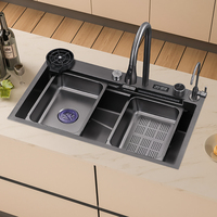 Évier de cuisine intelligent en acier inoxydable 304 de couleur noire avec affichage numérique, cascade de pluie, lave-gobelets pour la maison