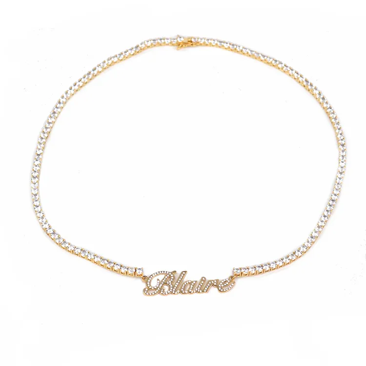 Cadena de tenis de moissanita con nombre personalizado, joyería chapado en oro de 18K, collar de diamantes de acero inoxidable