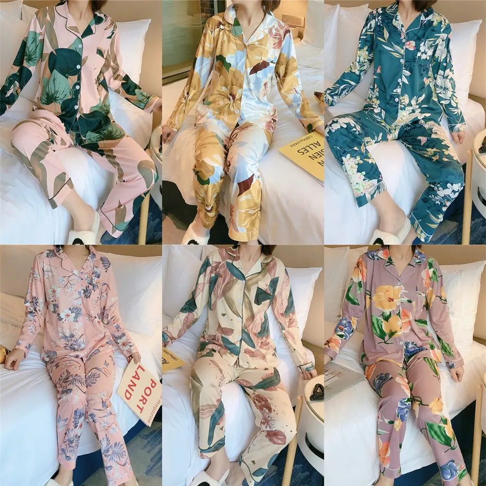 Hot Sale Autumn 2 Pcs Pyjamas Women Pajamas Lapel Cardigan Floral Print Ladies sleepwear Causal Long Sleeves Pants Nightwear