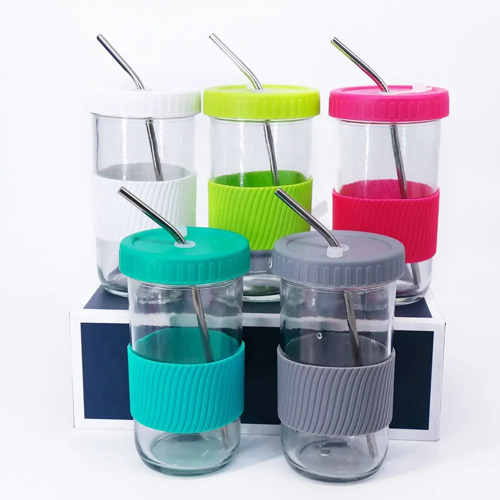 24 oz wide mouth Double wall small mason jar cups glass custom reusable boba bubble tea tumbler cups with lid straw