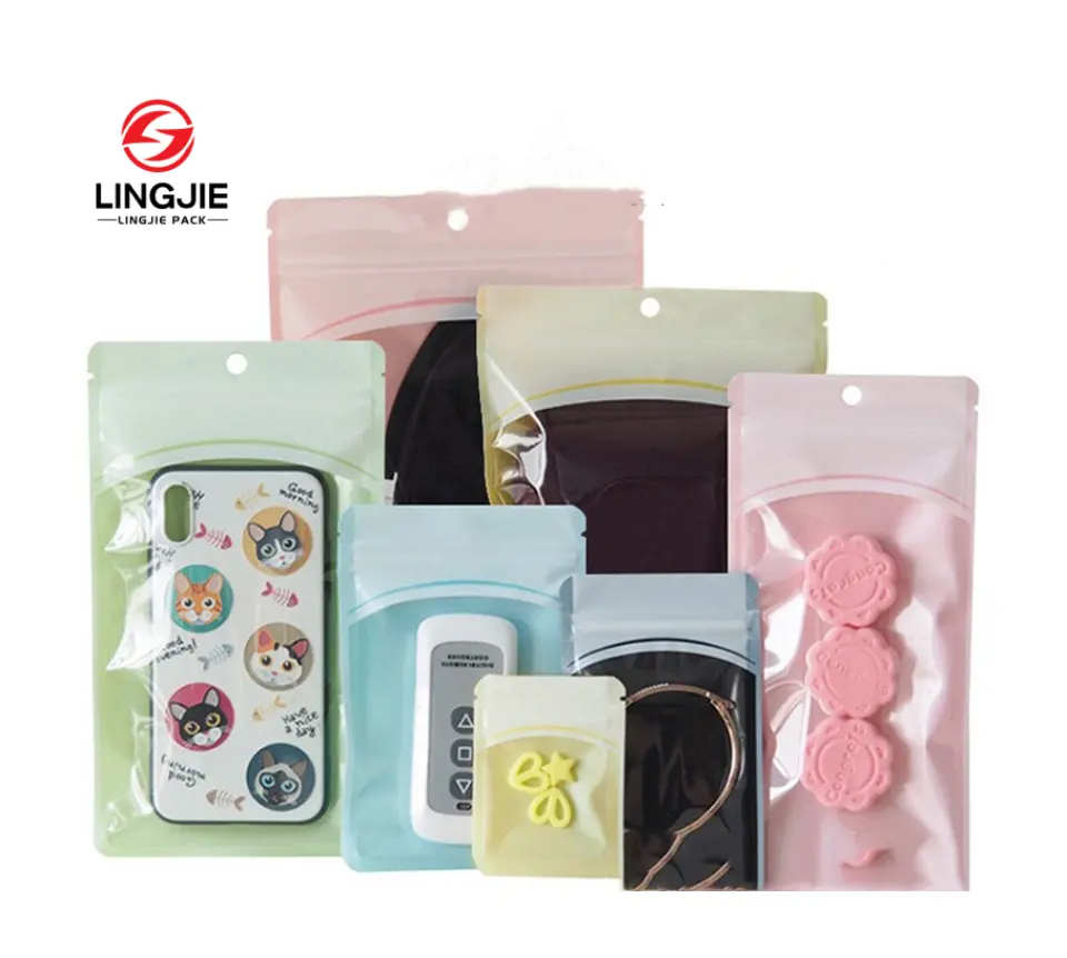 Lingjie renkli üç yan mühür bir tarafı temizle kilitli çanta asılı delik plastik saklama çantası takı aksesuarları için