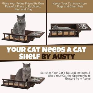 Perchoir mural pour chat en bois avec station d'alimentation, lit et gamelle pour chats, un seul niveau - Product Image 3