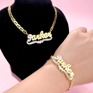 <span class=keywords><strong>Set</strong></span> Personalizzato di <span class=keywords><strong>Collana</strong></span> <span class=keywords><strong>e</strong></span> <span class=keywords><strong>Bracciale</strong></span> con Doppia Targhetta in Acciaio Inossidabile Placcato Oro 18k per Regali da Donna - Product Image 3