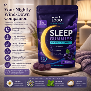 Gomitas Veganas para Dormir con Fórmula Personalizada, Bajo MOQ, Certificación GMP, 5mg de Melatonina y L-Teanina, Sabor a Mora, para un Sueño Reparador y Relajante - Product Image 2