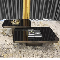 Ventes directes d'usine Carré En Acier Inoxydable Brossé 3 Ensembles Table Basse Salon De Luxe Avec Plateau En Verre Trempé Brun