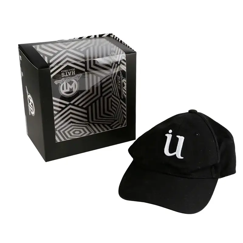 Reciclado al por mayor logotipo personalizado gorra de béisbol negra envío embalaje caja de regalo