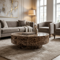Meubles de salon de style américain, table basse ronde sculptée de luxe, table basse en marbre brun