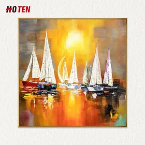 Pintura abstrata moderna de óleo do barco do mar, pintura a óleo desenhada à mão