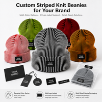 Topi rajutan akrilik bergaris OEM dengan label tenun, MOQ rendah, custom, untuk merek dan toko ritel