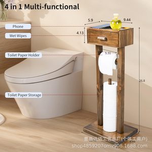 Wooden Floor <b>Standing</b> Toilet Paper Holder With Drawer Storage Rustic Design For Bathroom - Product Image 3