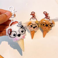 En gros, Porte-clés et breloque de sac en peluche ours mignon et moelleux, style Kawaii, avec lunettes et nœud décoratif, en forme de mini cornet de glace ou de gaufre